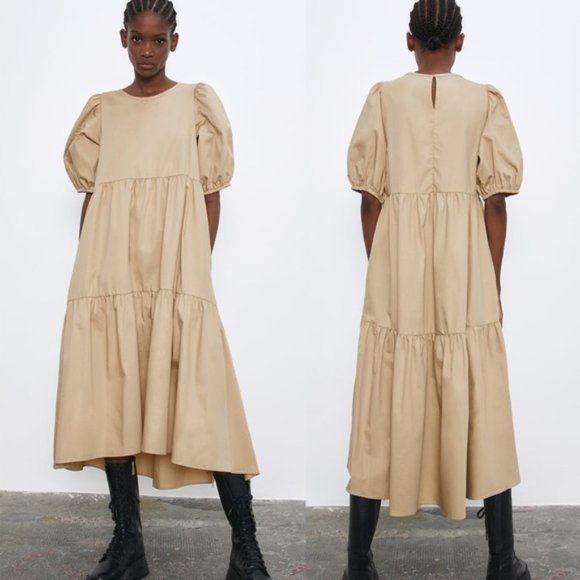 ZARA ASYMMETRIC POPLIN DRESS CAMEL Bloggers S - Picture 2 of 3